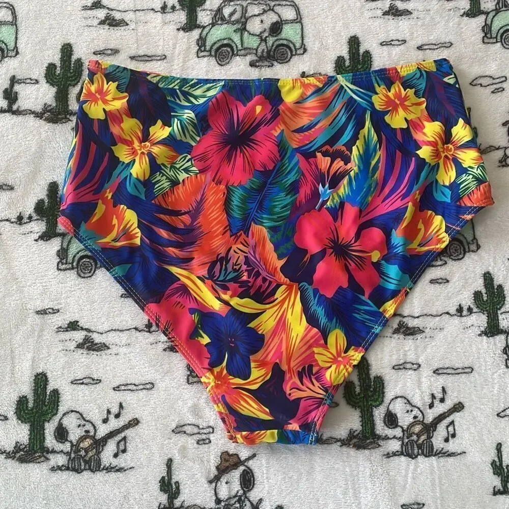Tropical floral hibiscus flower Hawaiian print high waisted bikini bottom 1XL